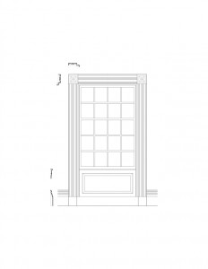 Line art of Columbian House window featuring window casing, panel mold, and other window mouldings.