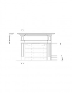 Line art of Columbian House fireplace mantel featuring panel mold, cornice mouldings, and other mantel mouldings.