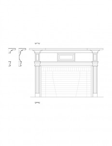 Line art of Columbian House fireplace mantel featuring panel mold, and cornice mouldings.