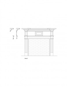 Line art of Columbian House fireplace mantel featuring panel molds, cornice mouldings, and other mouldings.