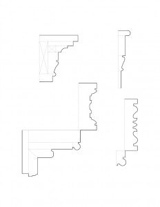 Line art of Columbian House mixture of window moulding profiles.