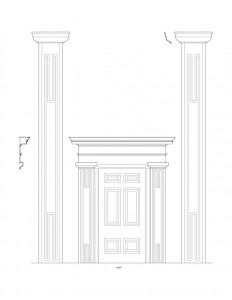 Line art of congressional church building doorway mouldings including columns, door panel molds, and cornice mouldings.