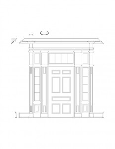 Line art of door mouldings for the curtis devin house featuring window casing, panel molds, door columns, and cornice mouldings.