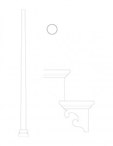 Line art of curtis devin house staircase moulding profiles featuring tread mouldings, baluster, and newel cap.