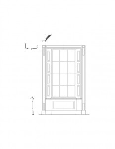 Line art of curtis devin house window featuring window casing, window panel molds, and multiple cornice mouldings.