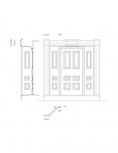 Line art of Dirlam Allen House doorway featuring panel molds and column detail along with cornice mouldings.