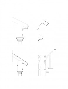 Line art of column mouldings for the Dirlam Allen House featuring exterior cornice mouldings and newel posts and balusters.