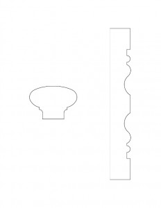 Line art of Dirlam Allen House newel post cap, and doorway moulding profiles.