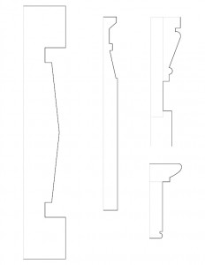 Mix of different line art sketches of different door moulding profiles for the Dirlam Allen House.