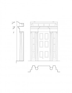 Line art of Fay Homestead House doorway casing featuring column details, panel molds, and cornice mouldings.