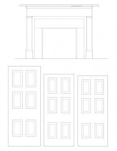 Line art of Fay Homestead House door casing mouldings featuring door panel molds, and fireplace mantel mouldings.