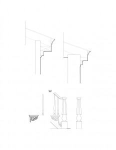 Line art of Fay Homestead House cornice and column mouldings, and staircase mouldings featuring balusters, newel post, and newel post cap.