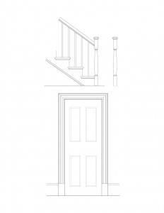 Line art of Fosdick house interior door featuring door panel molds, and staircase featuring balusters and newel post.