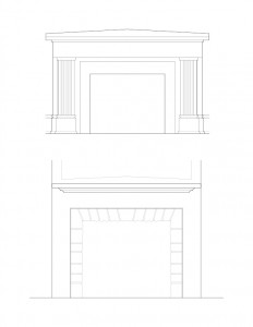 Line art of Fosdick house fireplace featuring column detail, and mantel mouldings.