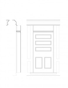 Line art of Freer house featuring door mouldings with panel molds, and separate column with cornice mouldings.