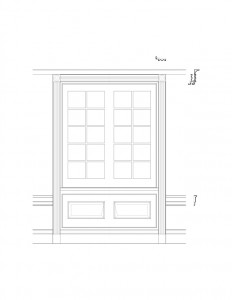 Line art of Freer house window featuring window casing, panel molds, and interior cornice mouldings.