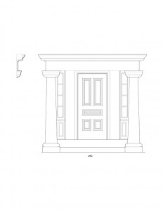 Line art of Wolcott House featuring door casing with mouldings and door casing panel molds