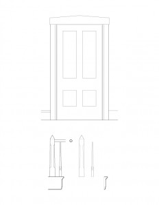 Line art of Wolcott House featuring door casing with mouldings