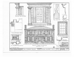 Blueprint of Wolcott House north front elevation and mouldings profile