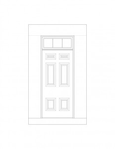 Line art of Hardwick House doorway featuring window casing,and door panel molds.