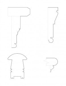 Line art of many Hardwick House moulding profiles.