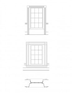 Line art of Herrick House window featuring window casing.