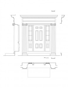 Line art of Hopkins House doorway featuring window casing, panel molds, column detail, cornice mouldings, and beautiful design patterns.