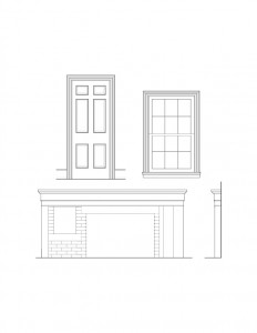 Line art of Hopwood House window, door, and fireplace mantel featuring window casing, door casing with panel molds, and mantel mouldings.