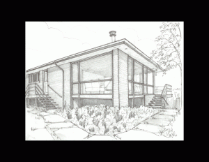 Drawing of an international style house showcasing two sets of staircases to access entrances, large windows with mouldings, and a flat roof.