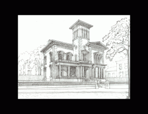 Drawing of italianate style house with cornice mouldings, covered porch with column mouldings, bay windows, and tall window mouldings.