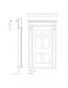 Line art of Joshua R Giddings law office interior door casing featuring panel molds, column detail, and cornice mouldings.