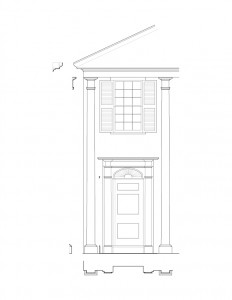 Line art of Lew Lawyer House windows with shutters, cornice mouldings, and door casing with panel molds, and column detail.