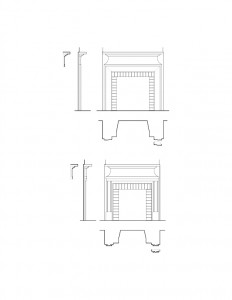 Line art of Lewis House featuring two fireplace mantels with cornice mouldings, mantel mouldings, and panel molds.