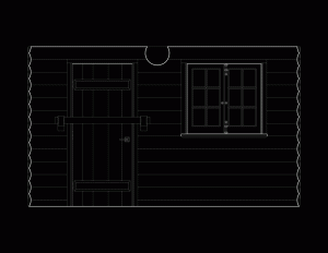 Line art of wall elevation featuring Log Cabin Style door mouldings and window mouldings.