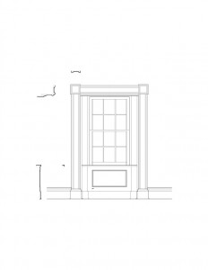 Line art of Martin House interior window featuring window casing, window panel molds, and interior cornice mouldings.