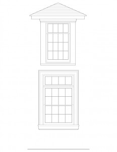Line art of Matt Gray House windows with window sill, and window casing.
