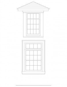 Line art of Matt Gray House windows with window sill, and window casing.