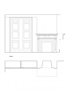 Line art of Matt Gray House interior fireplace featuring fireplace mantel molds, column detail, and wall panel molds.