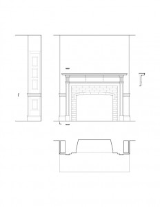 Line art of Matt Gray House interior fireplace featuring fireplace mantel molds, column detail, cornice mouldings, and wall panel molds.