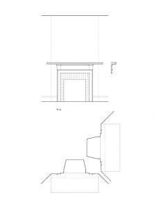 Line art of Matt Gray House interior fireplace featuring fireplace mantel molds, column detail, cornice mouldings, and moulding profile.