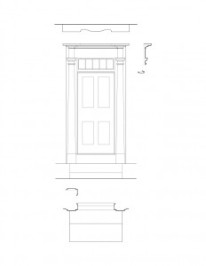 Line art of Meriman Cook House exterior door featuring panel molds, window casing, column detail, and cornice mouldings.