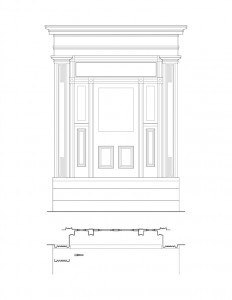 Line art of Moore Brewster House exterior door featuring door casing, panel molds, window casing, and cornice mouldings.