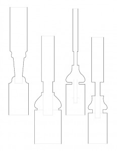 Many line art drawings of Moore Brewster House baluster moulding profiles.