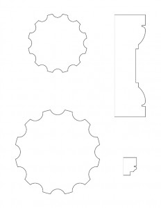 Line art drawings of Moore Brewster House newel post cap moulding profiles.