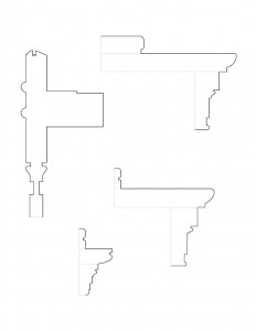 Line art drawings of Moore Brewster House newel post and railing moulding profiles.