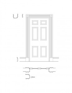 Line art of Moore Brewster House interior door featuring panel molds, interior cornice mouldings, baseboard mouldings, and trim molds.