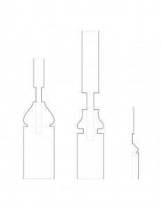 Several line art drawings of Moore Brewster House baluster moulding profiles.