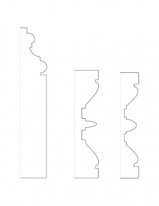 Several line art sketches of the Moore Brewster House moulding profiles.