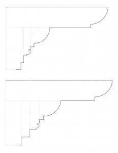 A couple line art drawings of Moore Brewster House cornice moulding profiles.