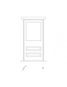 Line art of Moore Brewster House interior door featuring large window casing, and rectangular panel molds on bottom of door.